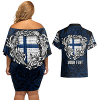 Personalized Finland Viking Blood Couples Matching Off Shoulder Short Dress and Hawaiian Shirt Nordic Runes and Shield of Ancestry in Tribal Knotwork