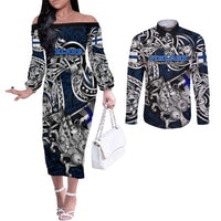 Personalized Finland Viking Blood Couples Matching Off The Shoulder Long Sleeve Dress and Long Sleeve Button Shirt Nordic Runes and Shield of Ancestry in Tribal Knotwork