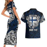 Personalized Finland Viking Blood Couples Matching Short Sleeve Bodycon Dress and Hawaiian Shirt Nordic Runes and Shield of Ancestry in Tribal Knotwork