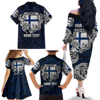Personalized Finland Viking Blood Family Matching Off The Shoulder Long Sleeve Dress and Hawaiian Shirt Nordic Runes and Shield of Ancestry in Tribal Knotwork