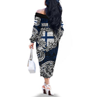 Personalized Finland Viking Blood Family Matching Off The Shoulder Long Sleeve Dress and Hawaiian Shirt Nordic Runes and Shield of Ancestry in Tribal Knotwork