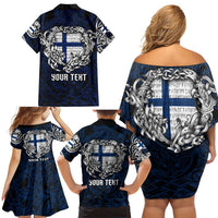 Personalized Finland Viking Blood Family Matching Off Shoulder Short Dress and Hawaiian Shirt Nordic Runes and Shield of Ancestry in Tribal Knotwork