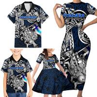 Personalized Finland Viking Blood Family Matching Short Sleeve Bodycon Dress and Hawaiian Shirt Nordic Runes and Shield of Ancestry in Tribal Knotwork