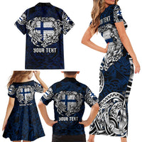 Personalized Finland Viking Blood Family Matching Short Sleeve Bodycon Dress and Hawaiian Shirt Nordic Runes and Shield of Ancestry in Tribal Knotwork