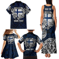 Personalized Finland Viking Blood Family Matching Tank Maxi Dress and Hawaiian Shirt Nordic Runes and Shield of Ancestry in Tribal Knotwork