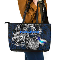 Finland Viking Blood Leather Tote Bag Nordic Runes and Shield of Ancestry in Tribal Knotwork