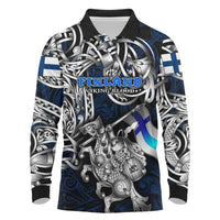 Personalized Finland Viking Blood Long Sleeve Polo Shirt Nordic Runes and Shield of Ancestry in Tribal Knotwork