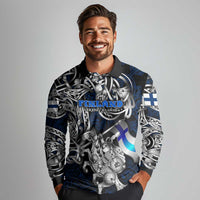 Personalized Finland Viking Blood Long Sleeve Polo Shirt Nordic Runes and Shield of Ancestry in Tribal Knotwork