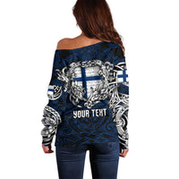 Personalized Finland Viking Blood Off Shoulder Sweater Nordic Runes and Shield of Ancestry in Tribal Knotwork