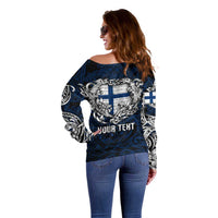 Personalized Finland Viking Blood Off Shoulder Sweater Nordic Runes and Shield of Ancestry in Tribal Knotwork
