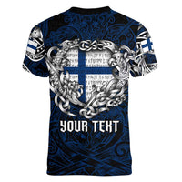 Personalized Finland Viking Blood Women V-Neck T-Shirt Nordic Runes and Shield of Ancestry in Tribal Knotwork