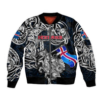 Personalized Iceland Viking Blood Bomber Jacket Nordic Runes and Shield of Ancestry in Tribal Knotwork