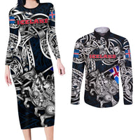 Personalized Iceland Viking Blood Couples Matching Long Sleeve Bodycon Dress and Long Sleeve Button Shirt Nordic Runes and Shield of Ancestry in Tribal Knotwork