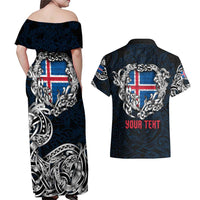 Personalized Iceland Viking Blood Couples Matching Off Shoulder Maxi Dress and Hawaiian Shirt Nordic Runes and Shield of Ancestry in Tribal Knotwork