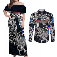 Personalized Iceland Viking Blood Couples Matching Off Shoulder Maxi Dress and Long Sleeve Button Shirt Nordic Runes and Shield of Ancestry in Tribal Knotwork