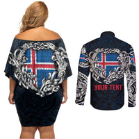 Personalized Iceland Viking Blood Couples Matching Off Shoulder Short Dress and Long Sleeve Button Shirt Nordic Runes and Shield of Ancestry in Tribal Knotwork