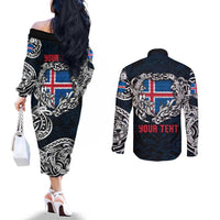 Personalized Iceland Viking Blood Couples Matching Off The Shoulder Long Sleeve Dress and Long Sleeve Button Shirt Nordic Runes and Shield of Ancestry in Tribal Knotwork