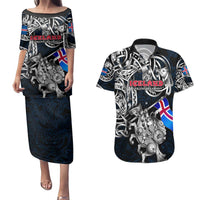 Personalized Iceland Viking Blood Couples Matching Puletasi and Hawaiian Shirt Nordic Runes and Shield of Ancestry in Tribal Knotwork
