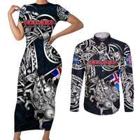 Personalized Iceland Viking Blood Couples Matching Short Sleeve Bodycon Dress and Long Sleeve Button Shirt Nordic Runes and Shield of Ancestry in Tribal Knotwork