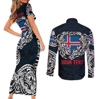 Personalized Iceland Viking Blood Couples Matching Short Sleeve Bodycon Dress and Long Sleeve Button Shirt Nordic Runes and Shield of Ancestry in Tribal Knotwork