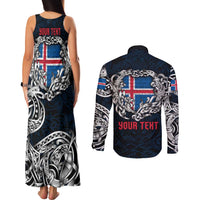 Personalized Iceland Viking Blood Couples Matching Tank Maxi Dress and Long Sleeve Button Shirt Nordic Runes and Shield of Ancestry in Tribal Knotwork