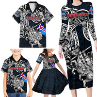 Personalized Iceland Viking Blood Family Matching Long Sleeve Bodycon Dress and Hawaiian Shirt Nordic Runes and Shield of Ancestry in Tribal Knotwork