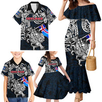 Personalized Iceland Viking Blood Family Matching Mermaid Dress and Hawaiian Shirt Nordic Runes and Shield of Ancestry in Tribal Knotwork