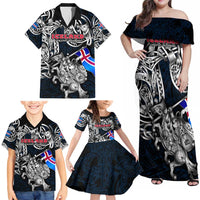 Personalized Iceland Viking Blood Family Matching Off Shoulder Maxi Dress and Hawaiian Shirt Nordic Runes and Shield of Ancestry in Tribal Knotwork