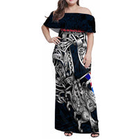 Personalized Iceland Viking Blood Family Matching Off Shoulder Maxi Dress and Hawaiian Shirt Nordic Runes and Shield of Ancestry in Tribal Knotwork