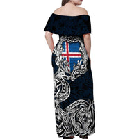 Personalized Iceland Viking Blood Family Matching Off Shoulder Maxi Dress and Hawaiian Shirt Nordic Runes and Shield of Ancestry in Tribal Knotwork