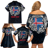 Personalized Iceland Viking Blood Family Matching Off Shoulder Short Dress and Hawaiian Shirt Nordic Runes and Shield of Ancestry in Tribal Knotwork