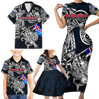Personalized Iceland Viking Blood Family Matching Short Sleeve Bodycon Dress and Hawaiian Shirt Nordic Runes and Shield of Ancestry in Tribal Knotwork
