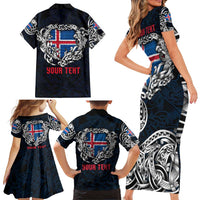 Personalized Iceland Viking Blood Family Matching Short Sleeve Bodycon Dress and Hawaiian Shirt Nordic Runes and Shield of Ancestry in Tribal Knotwork