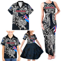 Personalized Iceland Viking Blood Family Matching Tank Maxi Dress and Hawaiian Shirt Nordic Runes and Shield of Ancestry in Tribal Knotwork