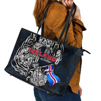 Iceland Viking Blood Leather Tote Bag Nordic Runes and Shield of Ancestry in Tribal Knotwork
