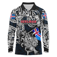 Personalized Iceland Viking Blood Long Sleeve Polo Shirt Nordic Runes and Shield of Ancestry in Tribal Knotwork