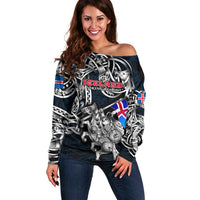 Personalized Iceland Viking Blood Off Shoulder Sweater Nordic Runes and Shield of Ancestry in Tribal Knotwork