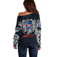 Personalized Iceland Viking Blood Off Shoulder Sweater Nordic Runes and Shield of Ancestry in Tribal Knotwork