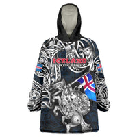 Personalized Iceland Viking Blood Wearable Blanket Hoodie Nordic Runes and Shield of Ancestry in Tribal Knotwork