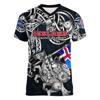 Personalized Iceland Viking Blood Women V-Neck T-Shirt Nordic Runes and Shield of Ancestry in Tribal Knotwork