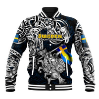 Personalized Sweden Viking Blood Baseball Jacket Nordic Runes and Shield of Ancestry in Tribal Knotwork
