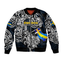 Personalized Sweden Viking Blood Bomber Jacket Nordic Runes and Shield of Ancestry in Tribal Knotwork