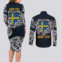 Personalized Sweden Viking Blood Couples Matching Long Sleeve Bodycon Dress and Long Sleeve Button Shirt Nordic Runes and Shield of Ancestry in Tribal Knotwork