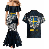 Personalized Sweden Viking Blood Couples Matching Mermaid Dress and Hawaiian Shirt Nordic Runes and Shield of Ancestry in Tribal Knotwork