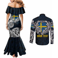 Personalized Sweden Viking Blood Couples Matching Mermaid Dress and Long Sleeve Button Shirt Nordic Runes and Shield of Ancestry in Tribal Knotwork