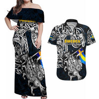Personalized Sweden Viking Blood Couples Matching Off Shoulder Maxi Dress and Hawaiian Shirt Nordic Runes and Shield of Ancestry in Tribal Knotwork