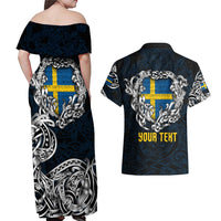 Personalized Sweden Viking Blood Couples Matching Off Shoulder Maxi Dress and Hawaiian Shirt Nordic Runes and Shield of Ancestry in Tribal Knotwork