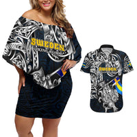 Personalized Sweden Viking Blood Couples Matching Off Shoulder Short Dress and Hawaiian Shirt Nordic Runes and Shield of Ancestry in Tribal Knotwork