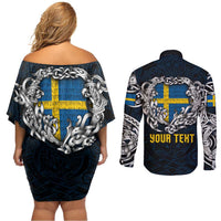 Personalized Sweden Viking Blood Couples Matching Off Shoulder Short Dress and Long Sleeve Button Shirt Nordic Runes and Shield of Ancestry in Tribal Knotwork