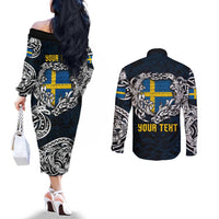 Personalized Sweden Viking Blood Couples Matching Off The Shoulder Long Sleeve Dress and Long Sleeve Button Shirt Nordic Runes and Shield of Ancestry in Tribal Knotwork